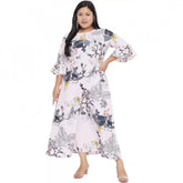 White polyester fit and flare dress for women, round neck with 3/4 sleeves - casual occasion wear